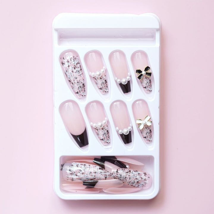 Decorative Press-On Nail Set with Pearl and Bow Accents