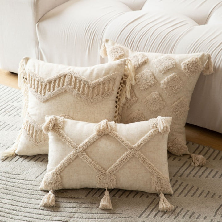 Square Tufted Diamond Macramé Accent Pillow with Knotted Tassel Corners and Removable Zip Cover