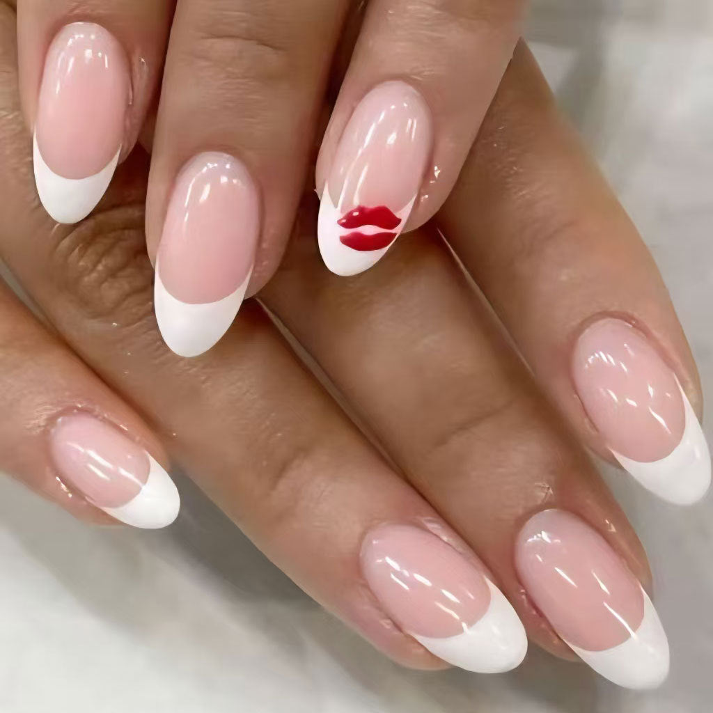 Artistic French Tip Nail Art Set with Kiss Design