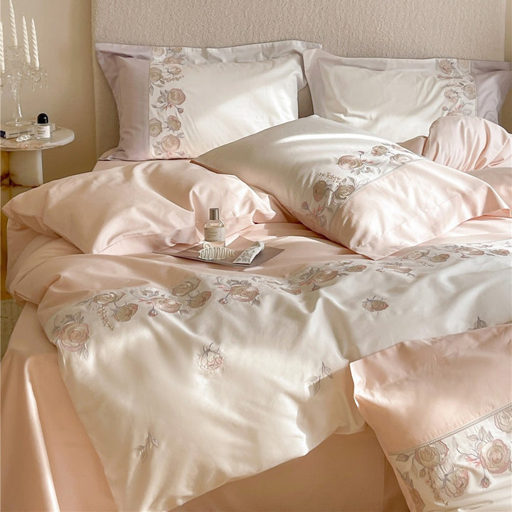 Premium bedding set made of cotton satin with floral border embroidery and reversible function