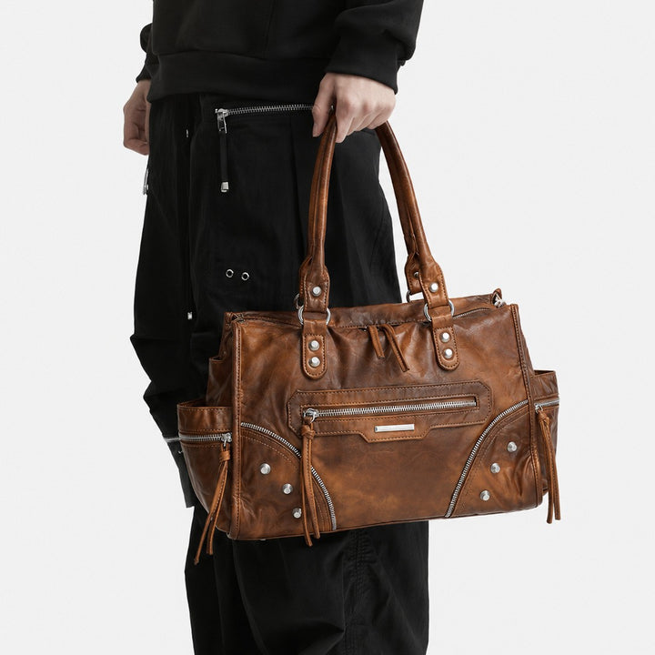 Multi-Pocket Vintage Leather Tote