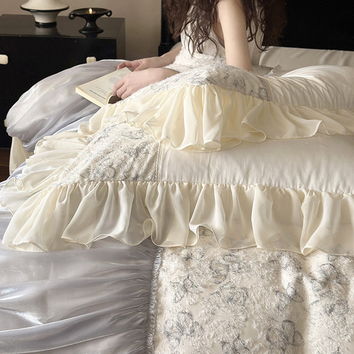 Luxury bedding set with gathered satin decor, floral jacquard duvet & ruffle cushion