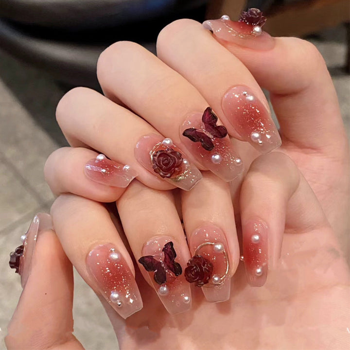 Floral Embellished Gel Nail Art Extensions
