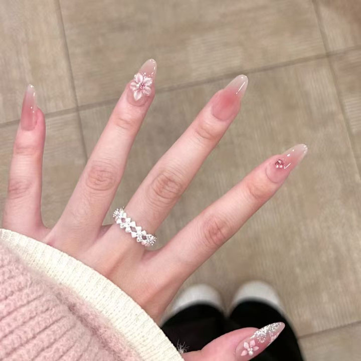 Flower-Decorated Long Stiletto Nail Extensions