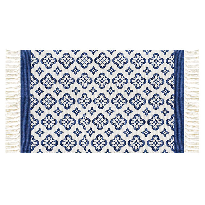 Flat-woven cotton runner with Mediterranean tile jacquard and decorative fringes Kalsten