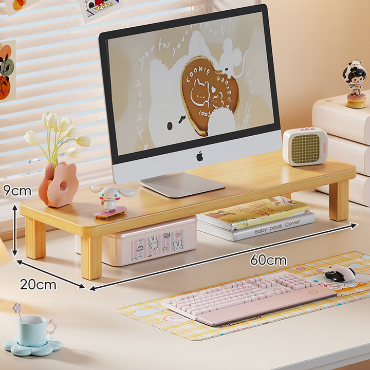 Solid Wood Elevated Desk Display Stand with Under-Shelf Storage and Sculpted Legs