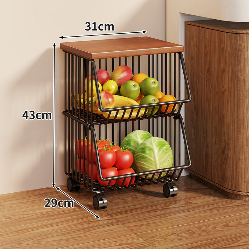 Compact Triple-Tier Rolling Wire Vegetable and Fruit Storage Cart with Wooden Top