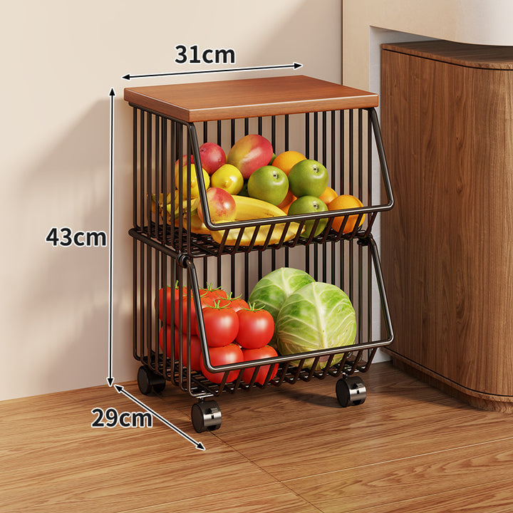 Compact Triple-Tier Rolling Wire Vegetable and Fruit Storage Cart with Wooden Top