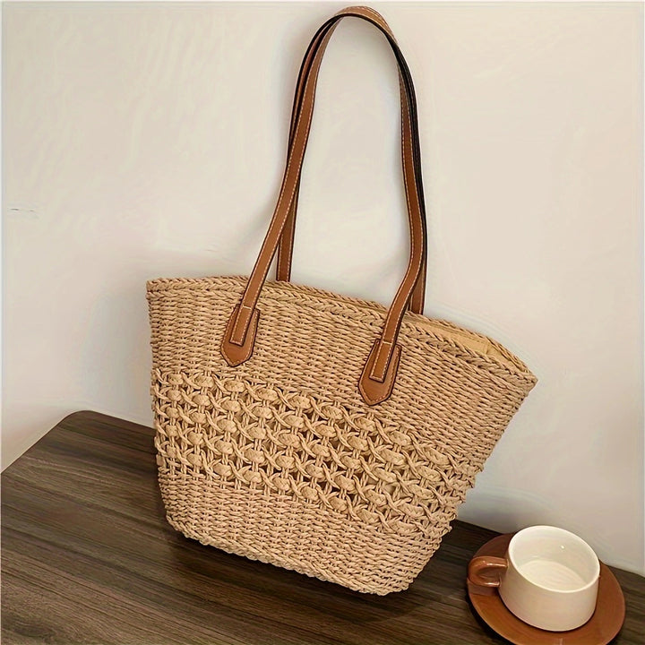 Natural basket bag with elegant leather handles Kalsten