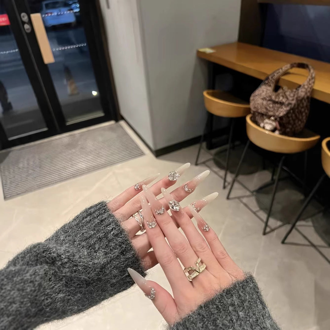 Elegant Stiletto Press-On Nail Extensions with Crystal Accents