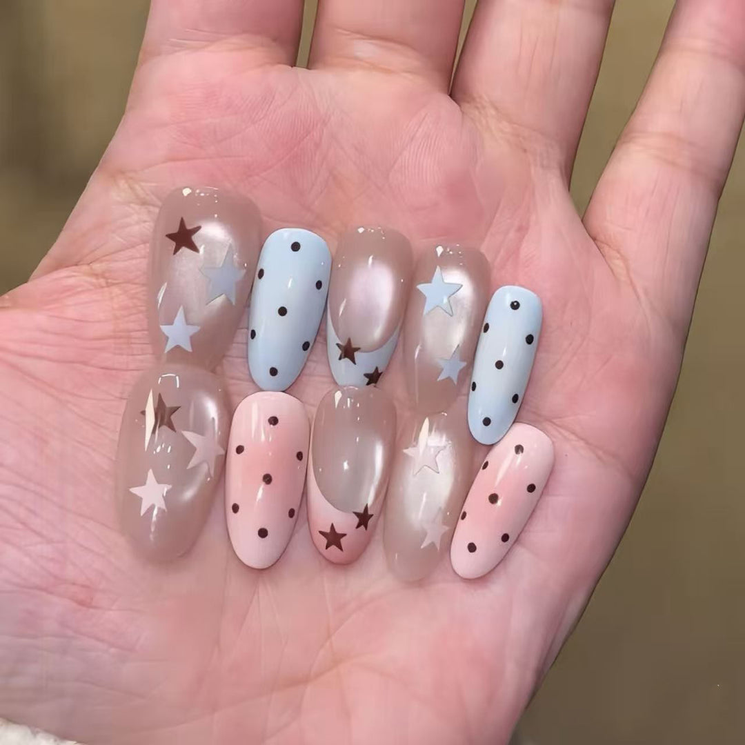 Artistic Press-On Nail Set with Star and Dot Designs Kalsten