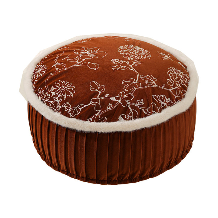 Beef hand-woven pouf with floral print and padded seat surface