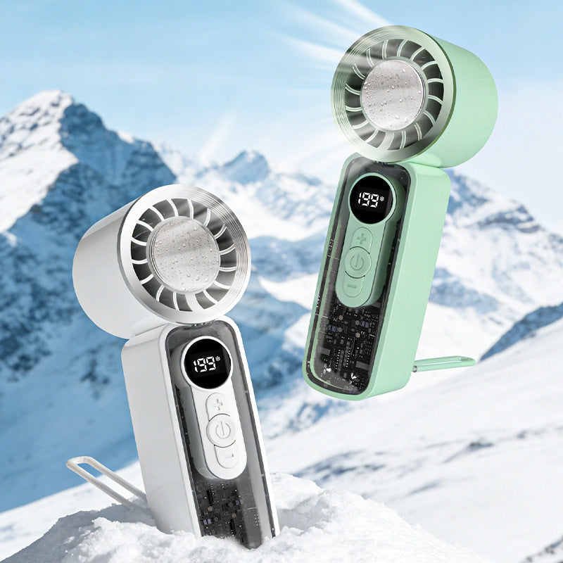 Cooling bladeless micro-turbine handheld fan with OLED battery display and fold-out stand Kalsten