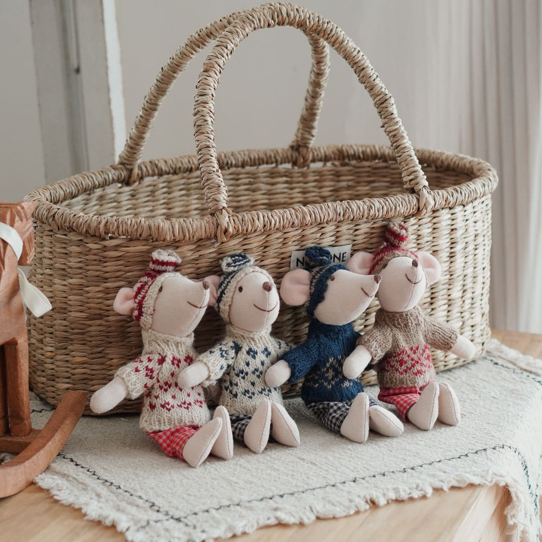 Handcrafted Mouse Plush Doll with Knitted Heart Sweater Pom-Pom Beanie and Gingham Trousers