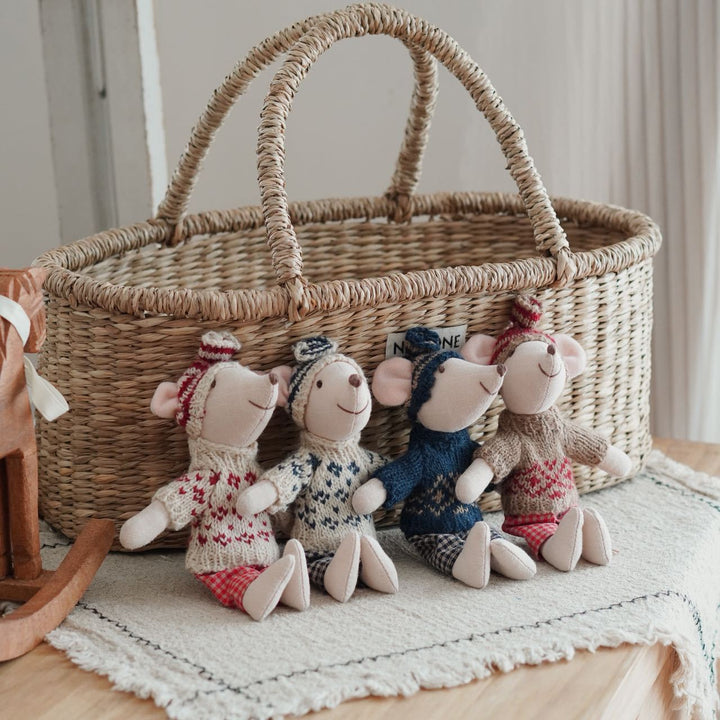 Handcrafted Mouse Plush Doll with Knitted Heart Sweater Pom-Pom Beanie and Gingham Trousers
