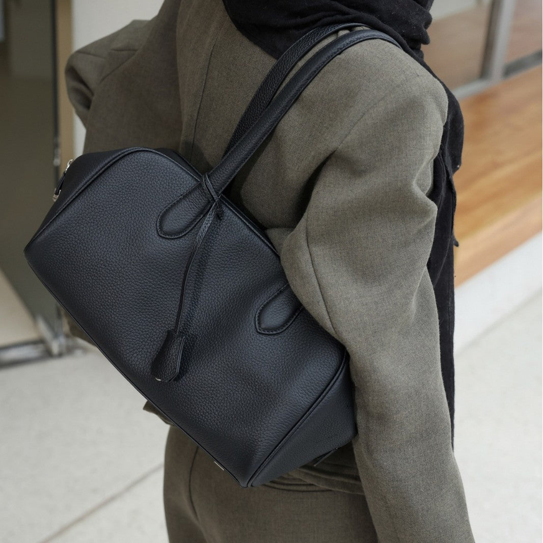 Pebbled Leather Barrel Top-Handle Satchel with Dual Shoulder Straps