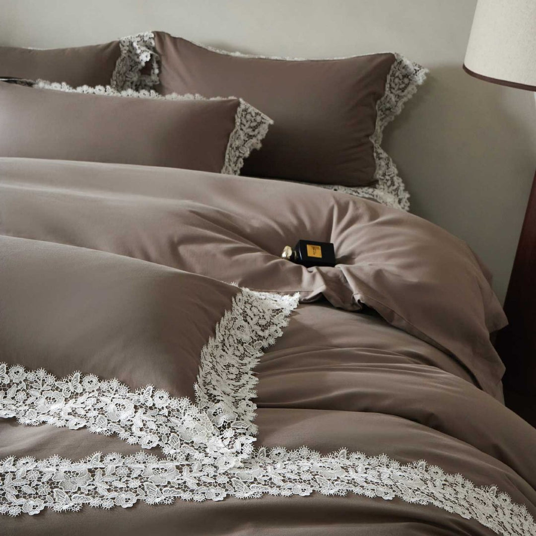 Luxurious cotton satin bedding set with decorative lace