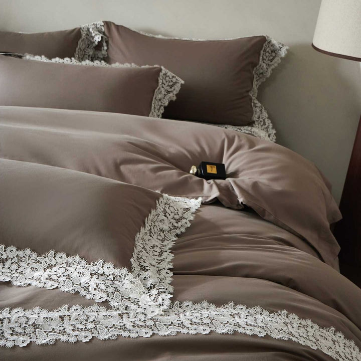 Luxurious cotton satin bedding set with decorative lace