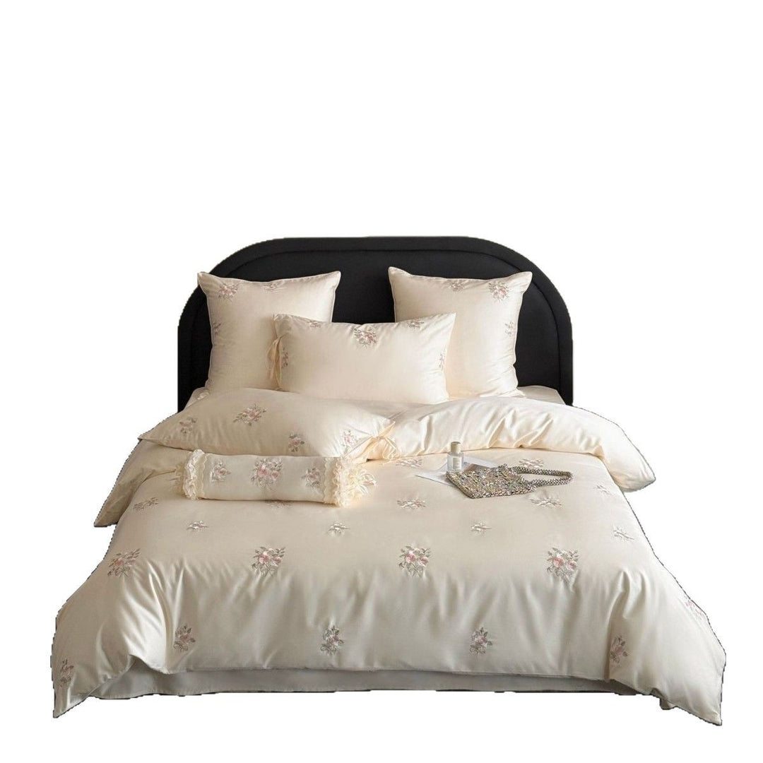 Satin bed linen set with floral hand embroidery and silky shiny finish Kalsten