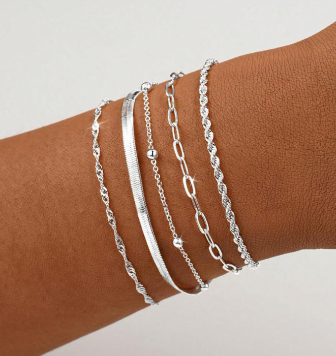 Layered Silver Chain Bracelet Set Kalsten