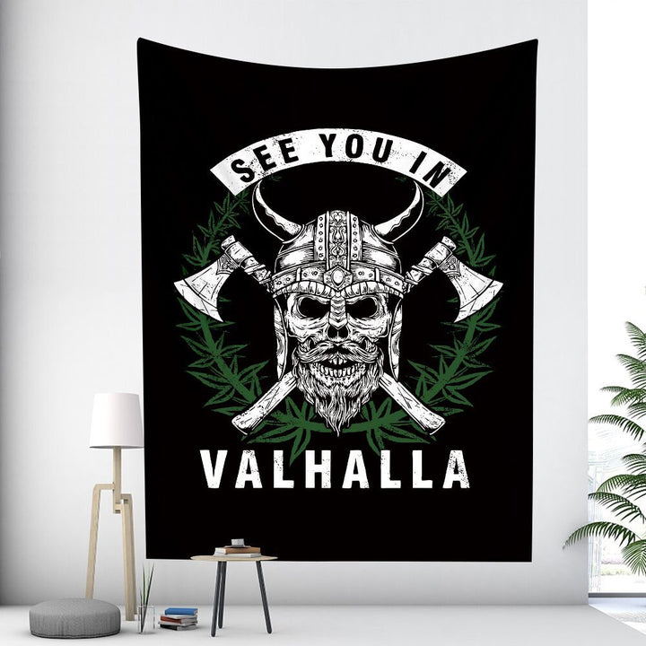 Large Woven Wall Tapestry Featuring Viking Skull Helmet And Crossed Axes Graphic