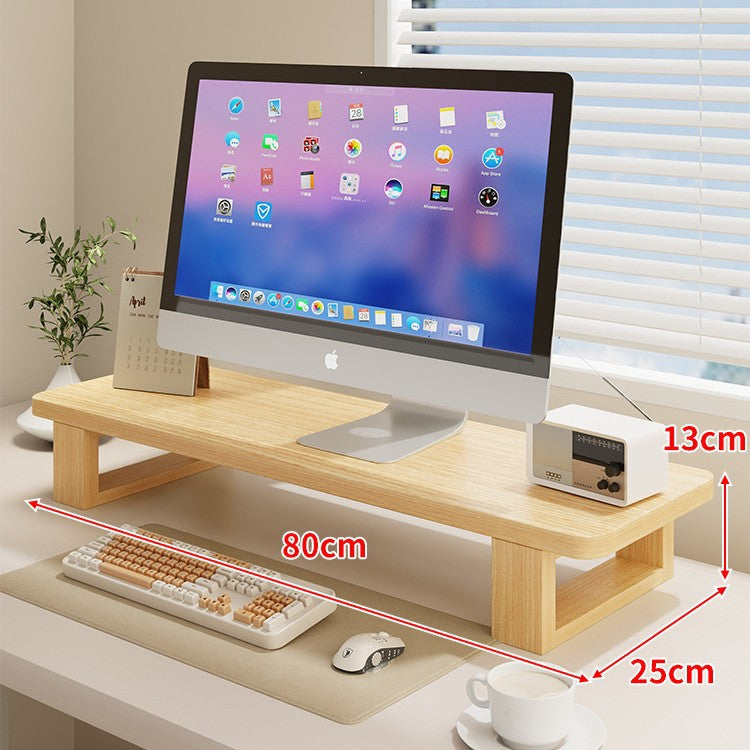 Wide Wooden Monitor Riser Shelf with Under-Shelf Storage and Cable Management