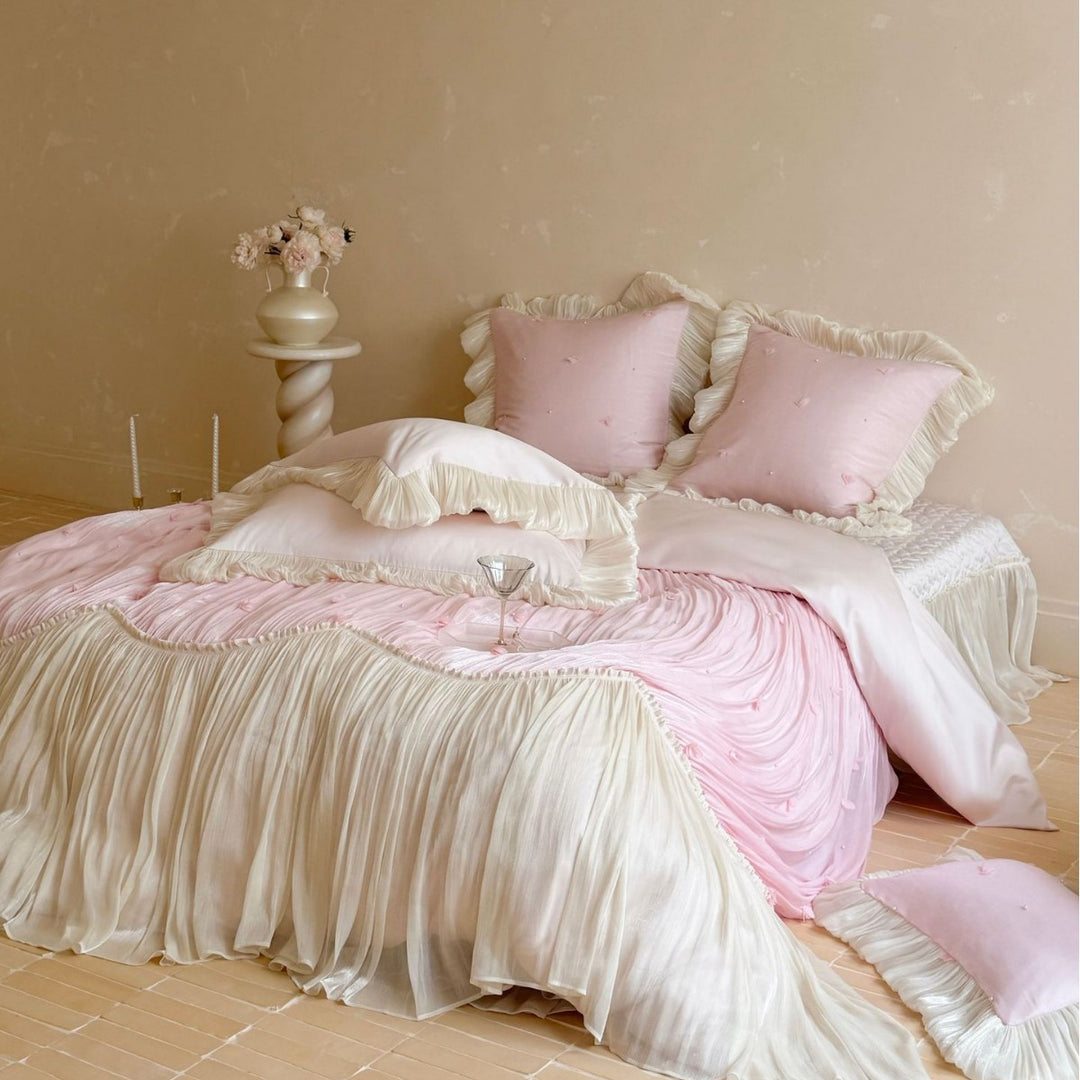 Luxurious romantic bedding set with pleated ruffles and decorative cushion