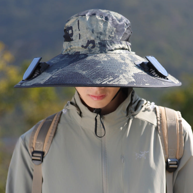 Wide-brimmed outdoor sun hat with solar-powered micro fan, breathable mesh and adjustable chin strap Kalsten