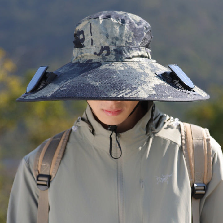Wide-brimmed outdoor sun hat with solar-powered micro fan, breathable mesh and adjustable chin strap Kalsten