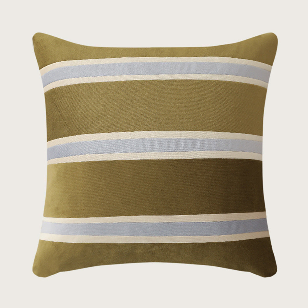 Square velvet decorative pillow with woven stripes and concealed zipper