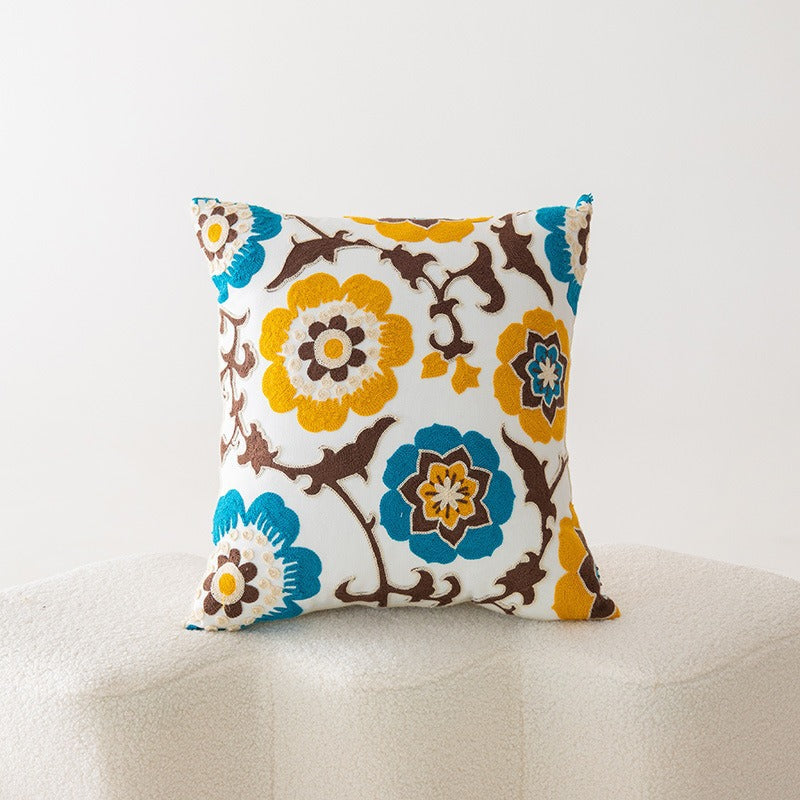 Embroidered Floral Cotton-Linen Square Throw Pillow Cover with Hidden Zipper and Textured Appliqué
