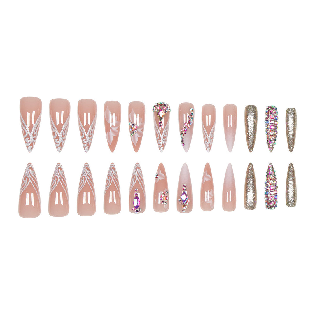 Decorative Stiletto Press-On Nails with Floral and Rhinestone Design Kalsten