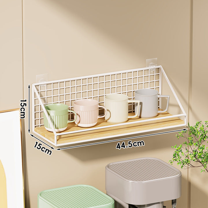 Ventilated Grid Wall Shelf with Wood-Look Tray and Clear Suction Mounts