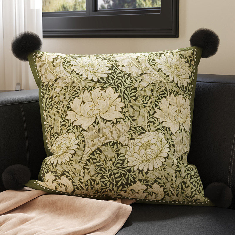 Decorative Velvet Throw Pillow Cover with Cat Silhouette and Corner Pom-Poms