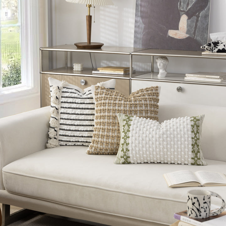 Woven Boho decorative cushion with tassels, tufted relief and handcrafted details