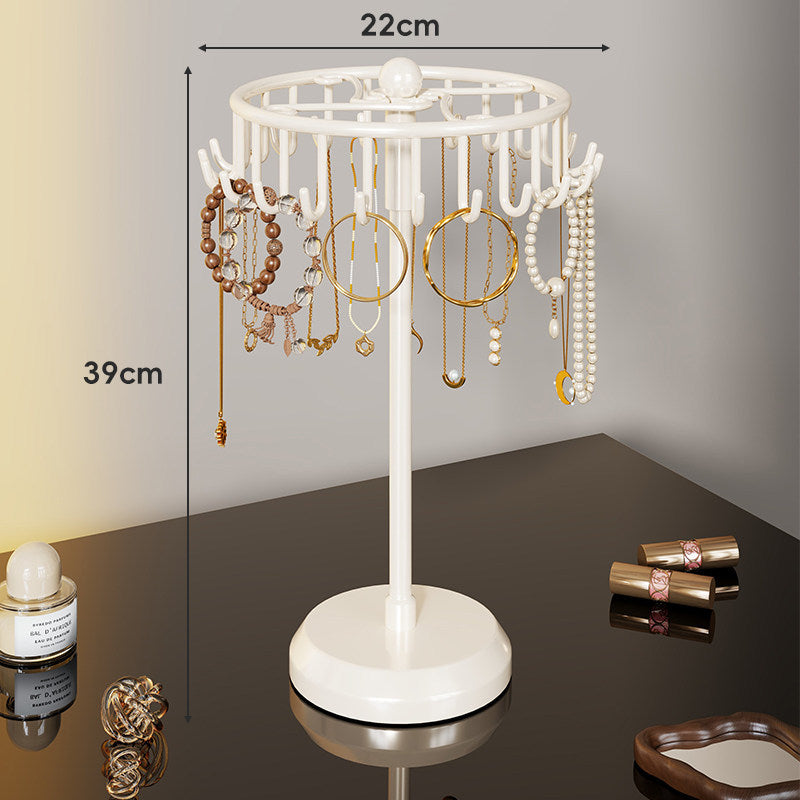 Rotating Tiered Jewelry Organizer Stand with Multi-Arm Hooks and Circular Ring Trays