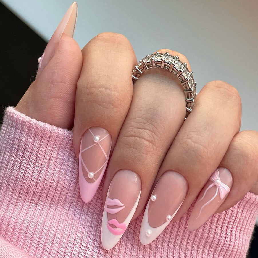 Artistic Stiletto Press-On Nail Set with Unique Kiss and Pearl Designs Kalsten