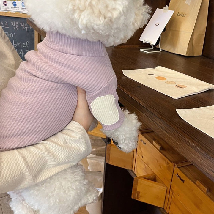 Ribbed Mock-Neck Pet Sweater with Contrast Patch & Sherpa Cuff