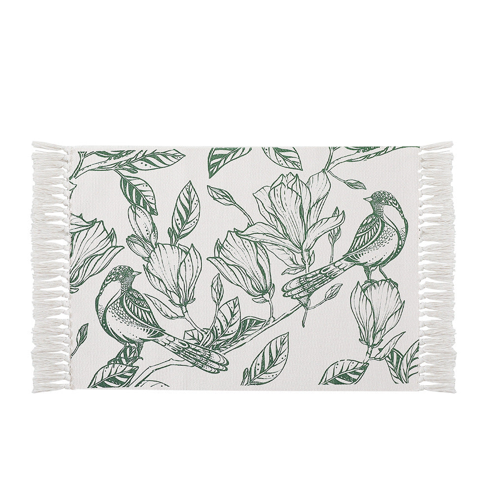Decorative table runner made of cotton with botanical bird print and fringes Kalsten