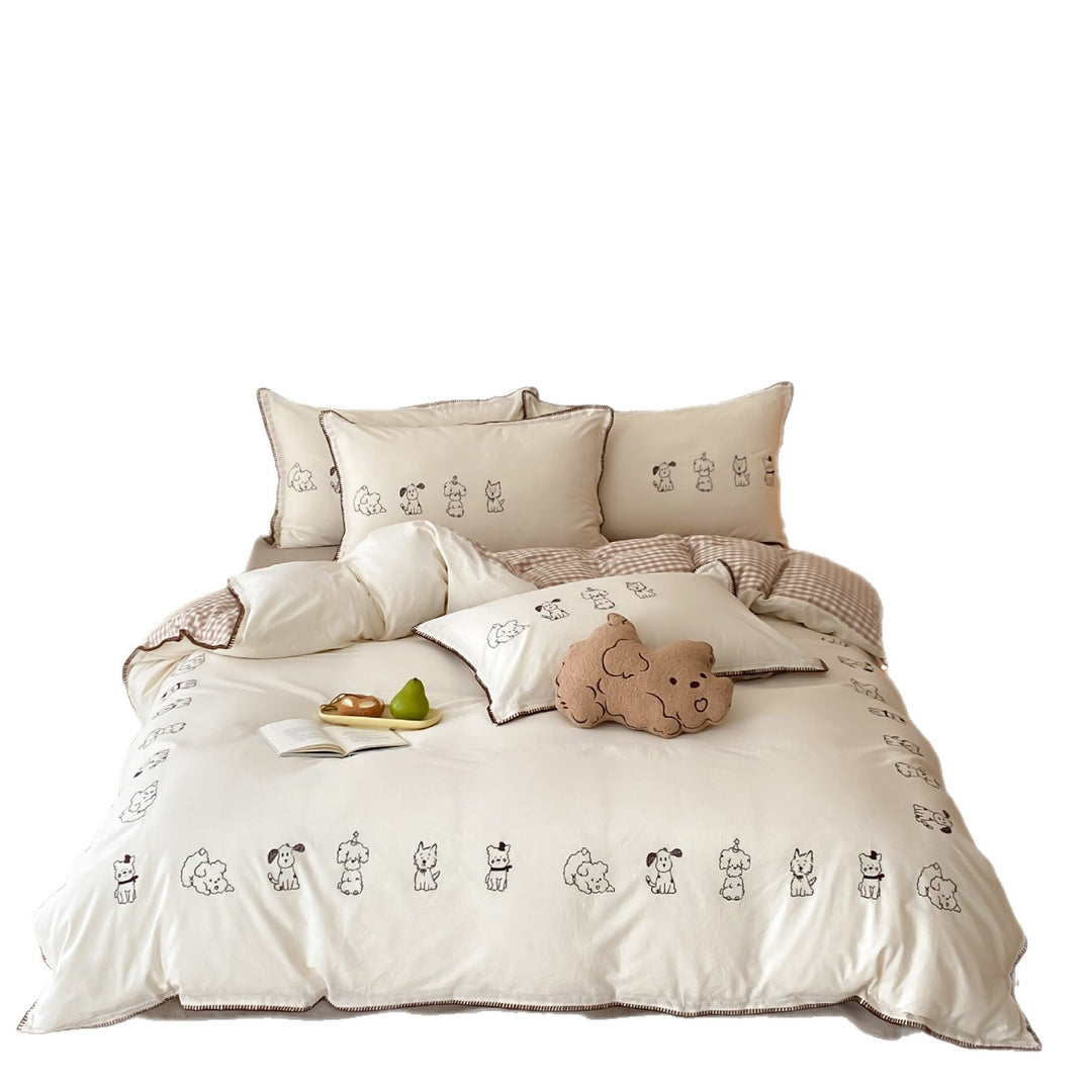 Bedding set made of cotton percale with fine embroidery and cute dog motifs