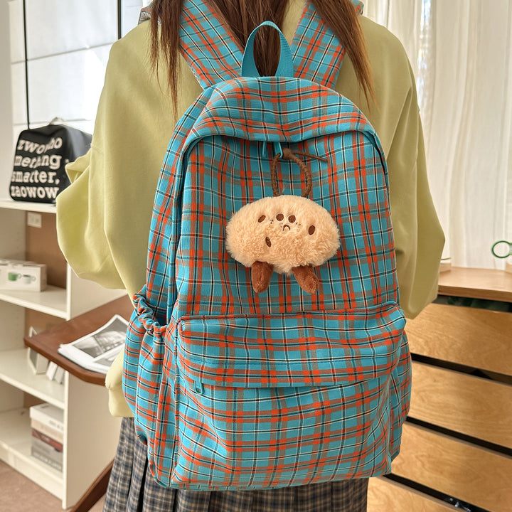 Backpack with Practical Check Pattern and Cute Plush Pendant Kalsten
