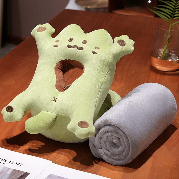 Plush neck pillow with head opening and rollable cuddle blanket set