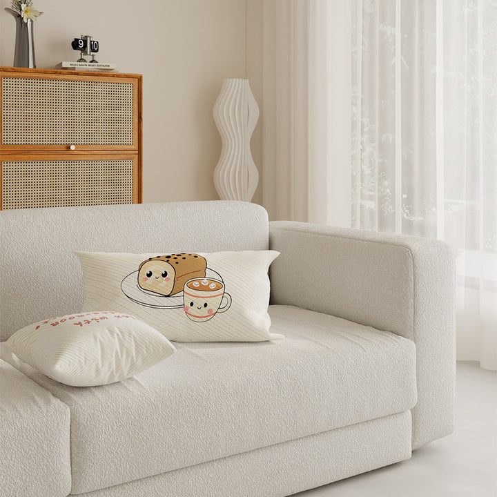 Cotton-Linen Kawaii Breakfast Bread and Coffee Illustrated Decorative Throw Pillow Cover