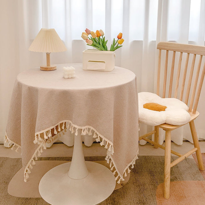 Round Textured Tassel-Trim Tablecloth with Linen-Feel Draped Finish