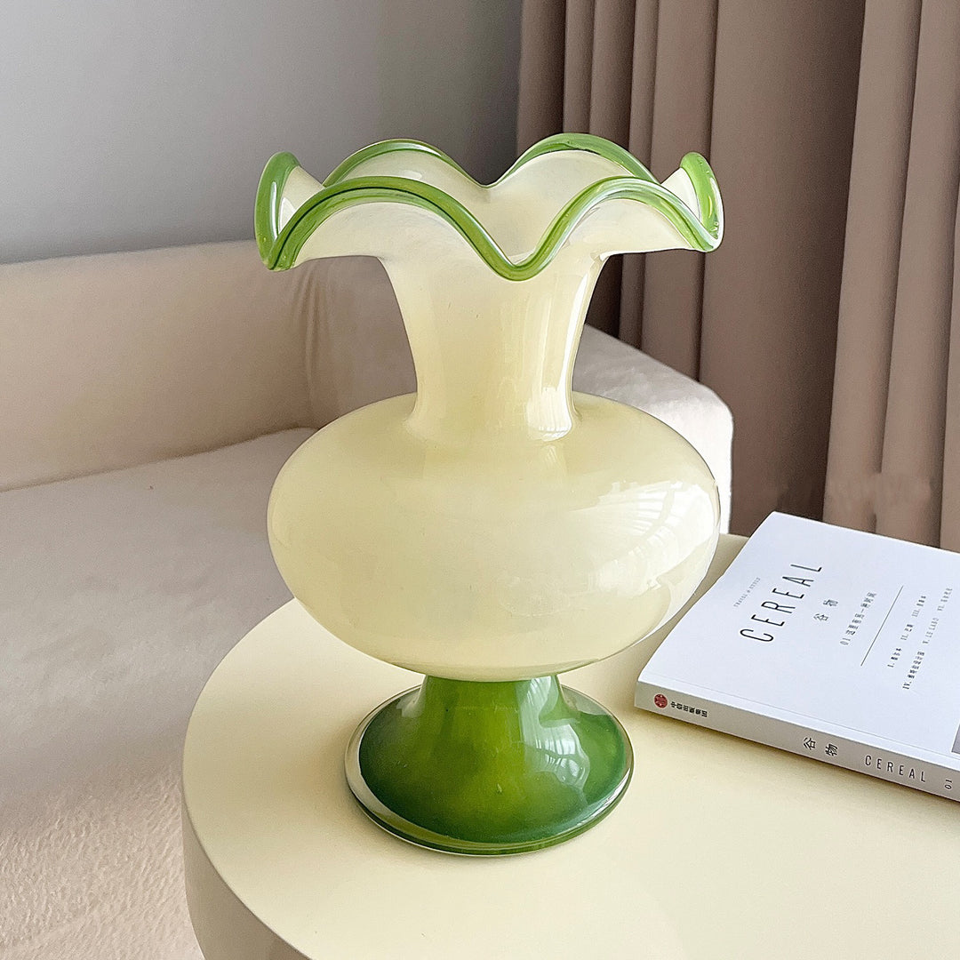 Handblown Fluted Pedestal Art Glass Trumpet Vase Kalsten