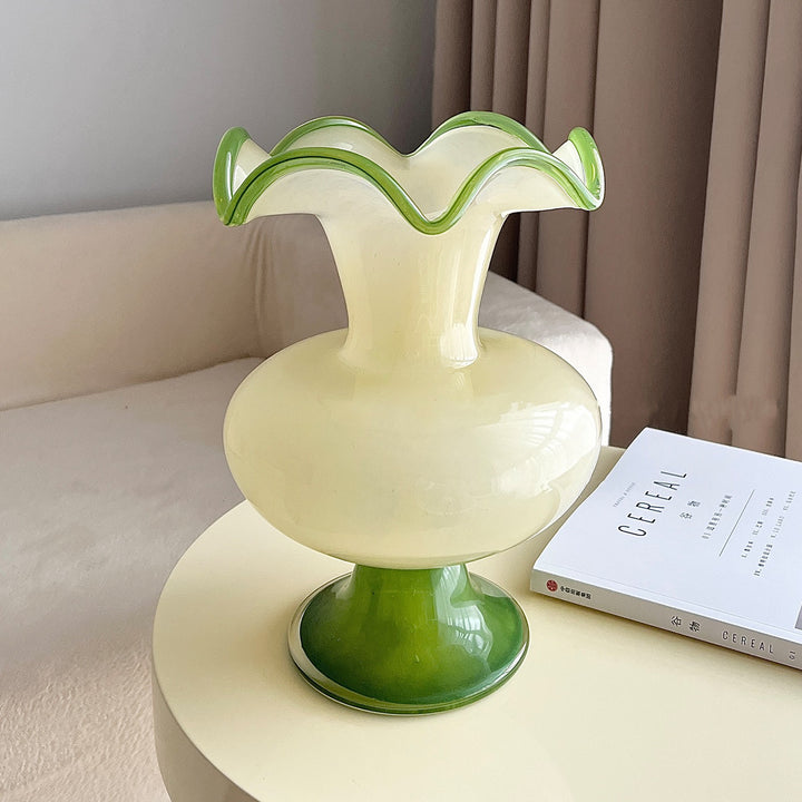 Handblown Fluted Pedestal Art Glass Trumpet Vase Kalsten