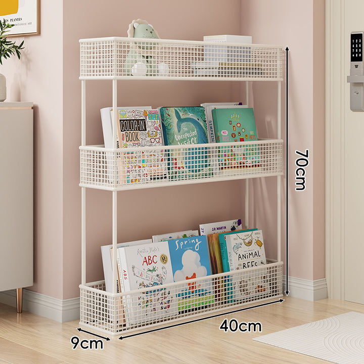Freestanding Four‑Tier Metal Mesh Book and Display Shelf Rack