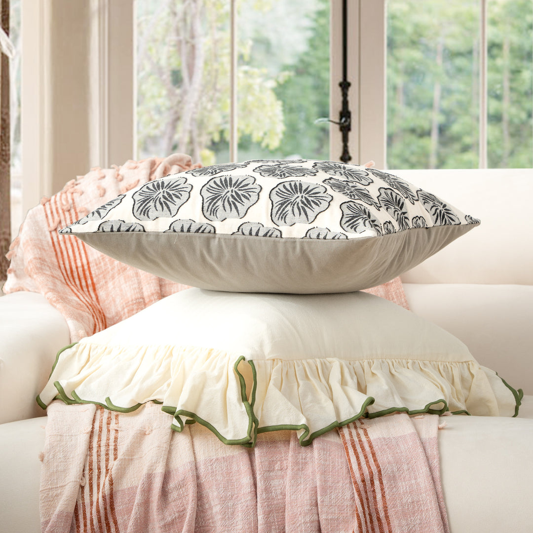 Double-sided linen decorative pillow with embroidered floral relief