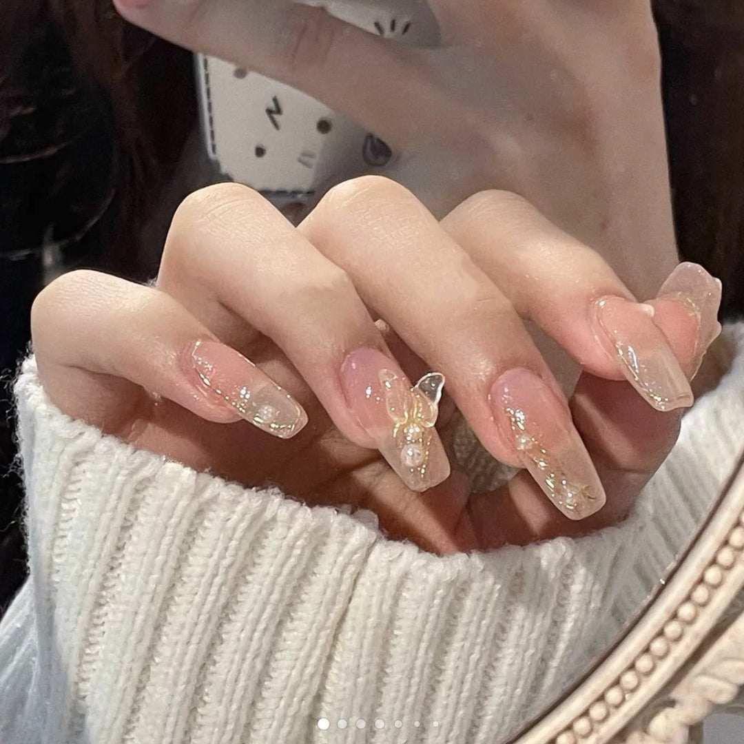 Artistic Press-On Nail Set Featuring Pearl and Gem Embellishments