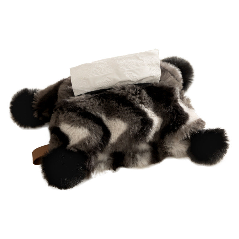 Plush napkin box cover with pompom appliqués and soft faux fur look